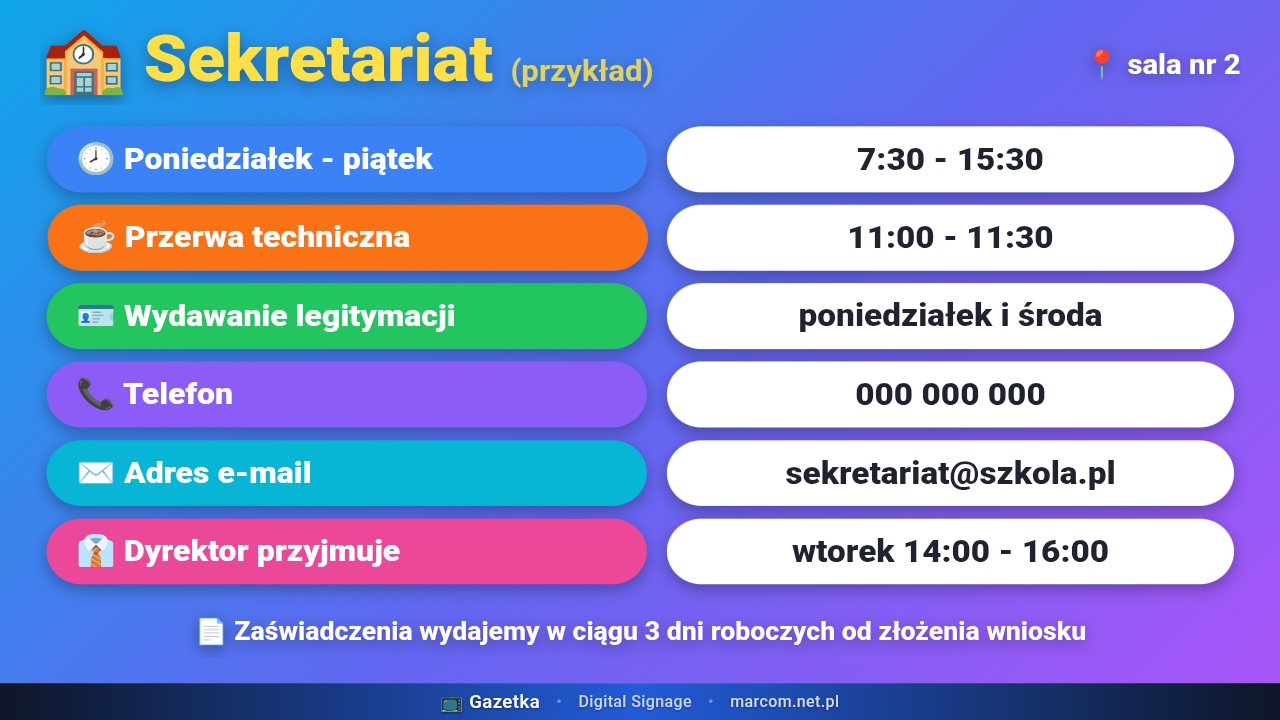 Slajd Sekretariat: godziny pracy i kontakt